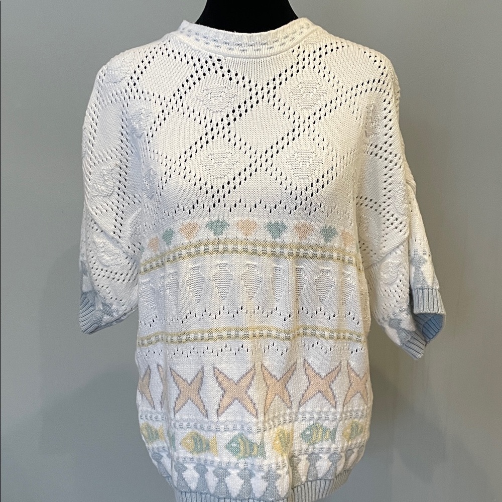 White Knit Short Sleeve Sweater with Pastel Fair Isle Accents vintage large